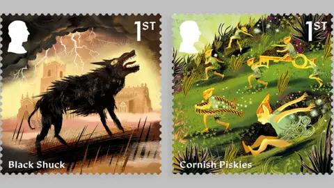 Media PA Stempel di sebelah kiri menggambarkan Black Shuck Hound dan yang di Piskies Cornish kanan berlari menuruni bukit