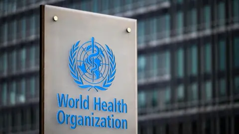 A sign for the World Health Organization outside its Geneva headquarters.