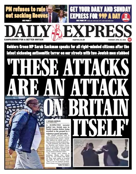 The headline on the front page of the Daily Express reads: "These attacks are an attack on Britain itself."