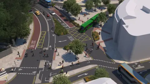 An aerial view showing a CGI image of the Haymarket in Bristol with a different road layout with more bus and cycle lanes