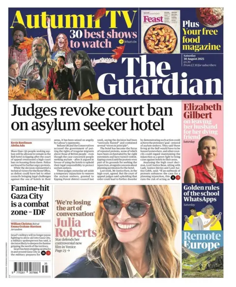 The headline on the front page of the Guardian reads: "Judges revoke court ban on asylum seeker hotel". 