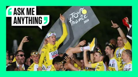 2024 Tour de France winner  Tadej Pogacar celebrating with his team