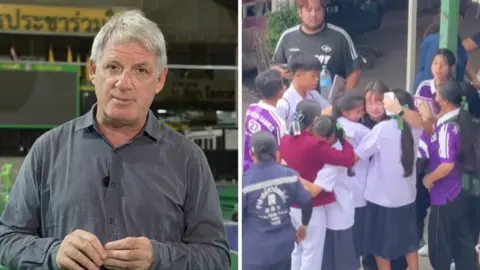 Jonathan Head in a split screen with Thai students hugging each other.