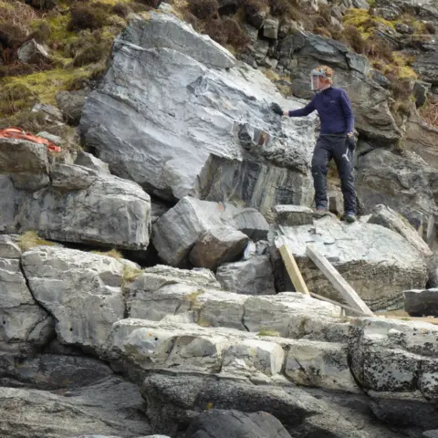 Dr Elsa Panciroli A man wearing a protective mask and gloves examines a large grey rock in which the fossil was found.