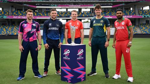 Richie Berrington poses with other Group B captains with the T20 World Cup trophy