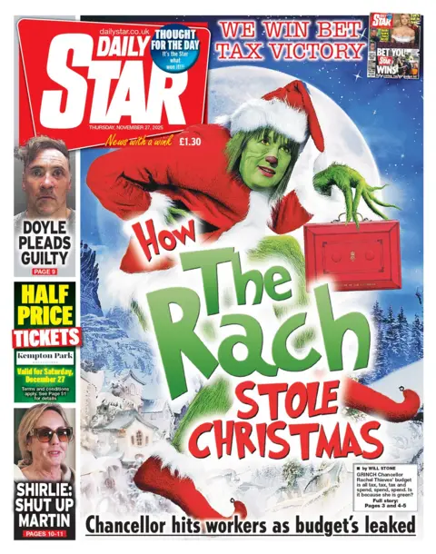 "How the Rach stole Christmas: Chancellor hits workers as budget's leaked", the headline on the front page of the Daily Star reads.