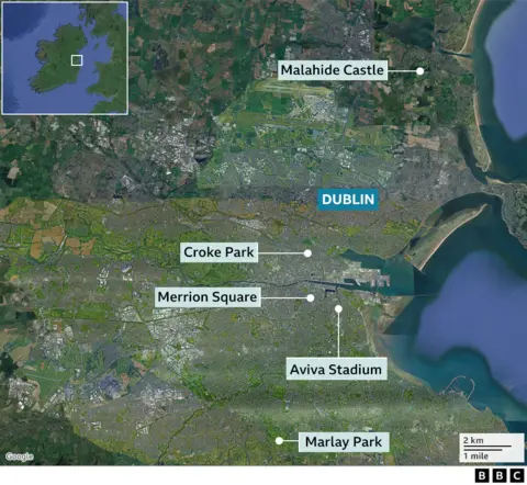 A Google Map screenshot outlining where Malahide Castle, Croke Park, Merrion Square, Aviva Stadium and Marlay Park are in Dublin