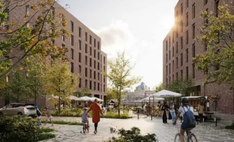 Whitbread An artist's impression of people walking through a tree-lined public space between two flat blocks