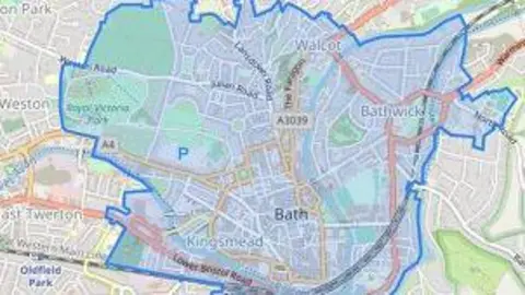 OpenStreetMaps A map of Bath, with a blue outline marking the area encompassed by the clean air zone. 