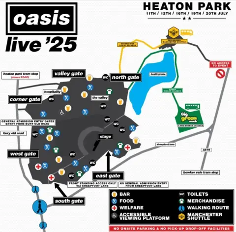 Oasis Live A graphic of Heaton Park shows that there is access to the comeback concert via the south, east, west and north gates as well as the corner and valley gates