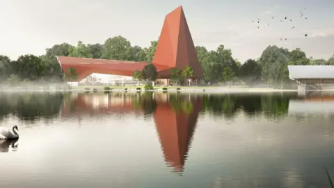 Illustrative image of a red roofed building next to a lake. The roof on the left of the building looks like an average roof, but on the right side it had built in the shape of a giant triangle, towering above the trees.