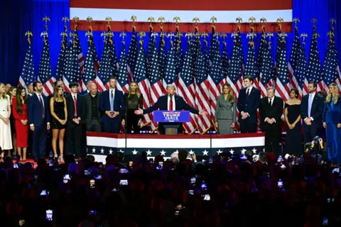 AFP Kandidat presiden dari Partai Republik Donald Trump berbicara pada malam pemilihan di West Palm Beach Convention Center di West Palm Beach, Florida, pada 6 November 2024.