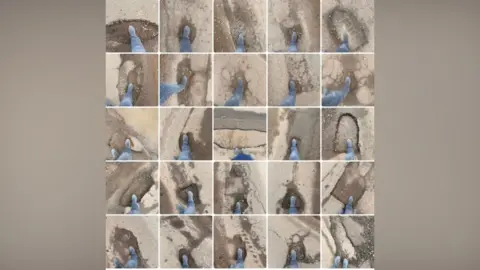 David Stone A compilation of 25 thumbnail images of potholes. To show their depth a man has photographed his foot in each of them. He is wearing blue jeans and blue shoes. 