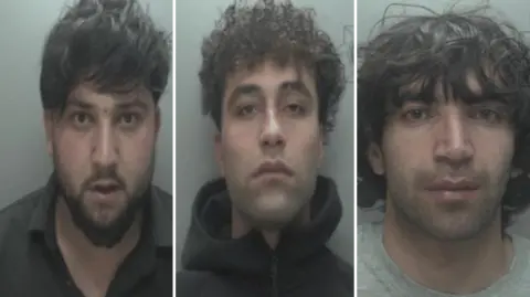 A composite message of three men, taken from police custody photos. They all have dark hair and are staring into the camera.