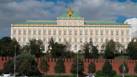 Picture of Kremlin Palace during the day. There is a blue sky and clouds. In front of the palace is a red brick wall and trees lined in front of it and behind it