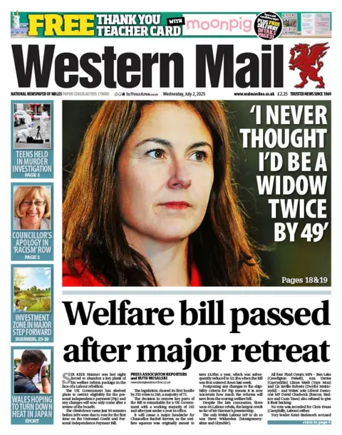 Western Mail Front page of the Western Mail with the splash headline: "Welfare bill passed after major retreat". Above is a picture of a woman with brown hair and the headline "'I never thought I'd be a widow twice by 49'". To the left are four boxes with the following headlines: "Teens held in murder investigation"; Councillor's apology in 'racism' row"; "Investment zone in major step forward";  and "Wales hoping to turn down heat in Japan".