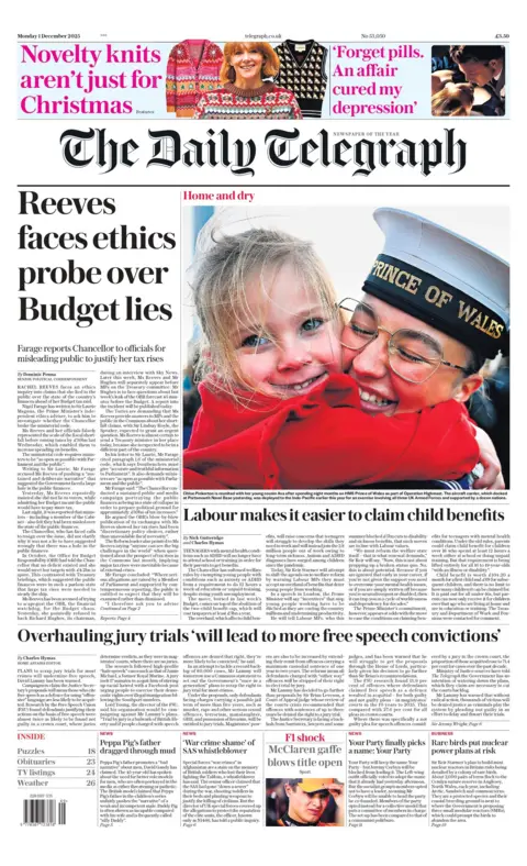 "Reeves faces ethics probe over Budget lies" reads the headline on the front page of The Daily Telegraph.