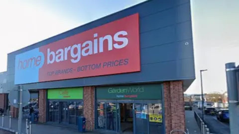 Exterior of Home Bargains on the Byrom Street retail estate in Blackburn.
