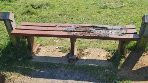 A brown bench with grass next to it, burned on one side.