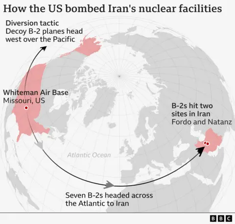 Map showing the US operation using decoy B-2 planes from Whiteman Air Base in the US as a diversion tactic, while other B-2 planes were sent to strike Iran’s nuclear facilities of Natanz and Fordo