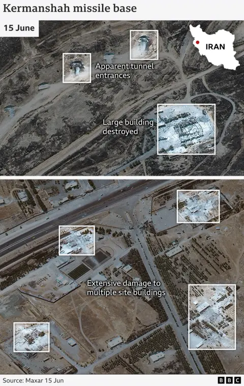 Composite satelllite images of Kermanshah missile base with damage highlighted.