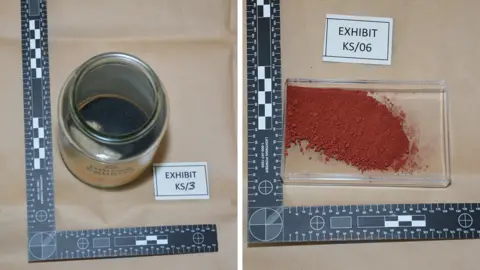 Staffordshire Police A composite of two images - the one on the left shows a jar of black powder, the one on the right shows a small, clear tray of red powder. Exhibit 