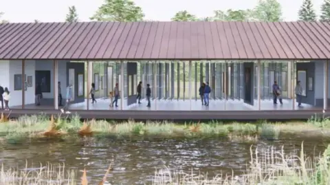 Stanton Williams The gallery is pictured with a sloping roof over a pond with large glass windows