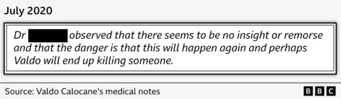  "Dr [NAME REDACTED] observed that there seems to be no insight or remorse and that the danger is that this will happen again and perhaps Valdo will end up killing someone."