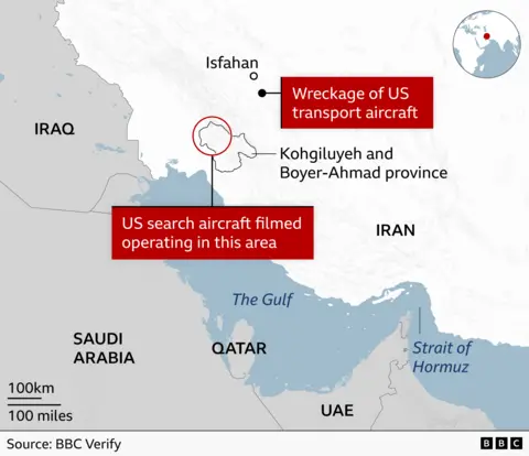 Map of Gulf area showing southwestern Iran, with Kohgiluyeh and Boyer-Ahmad province, also the location of the transport aircraft wreckage, close to Isfahan, and "US search aircraft filmed operating in this area" in the latter province. It also shows the Strait of Hormuz, Iraq, Saudi Arabia, Qatar and UAE.