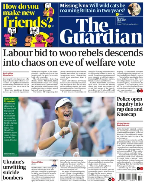 BBC "Labour bid to woo rebels descends into chaos on eve of welfare vote" reads the headline on the front page of The Guardian.