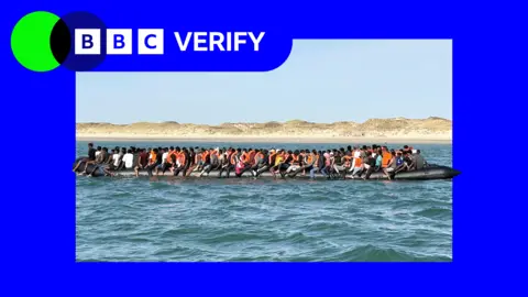 An image of migrants wearing red lifejackets in an inflatable boat, in BBC Verify branding. 