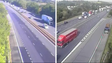 A split screen with two images of a road, on a traffic camera. On the left, one side of the motorway is empty, while there are cars on the other side. On the right, there is traffic building in one lane