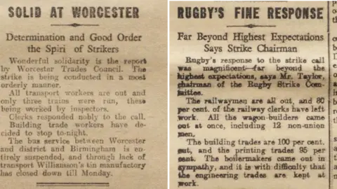 Modern Records Centre, University of Warwick Two cuttings from strike reports. On the left the headline reads "Solid at Worcester" and goes on to described a report by the Worcester Trades Council. On the right Rugby's Fine Response, is the headline, saying the town's response to the strike call was "magnificent". 