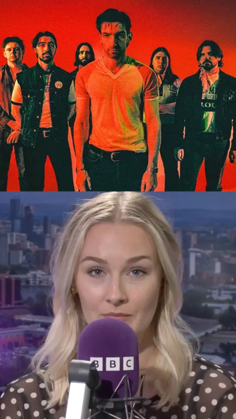 Split screen image of a blonde woman and a bbc microphone with a band 