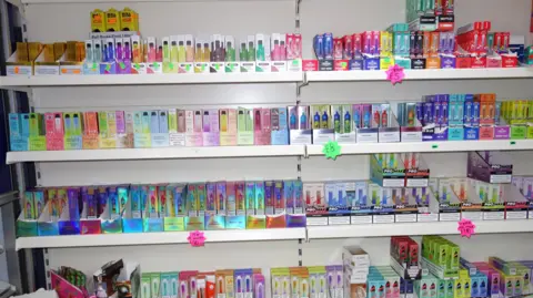 Trading Standards Rows of vapes are on sale in the shop. Four shelves of goods are visible in the image, all different colours with price tags also on display.