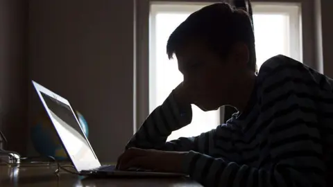 Getty Images A silhouette of a boy reading the screen of a laptop