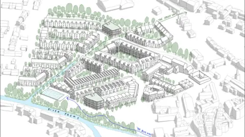 Studio Saar Artist's impression of what the regeneration of the Saxonvale site will look like. There are numerous buildings drawn in black, which are surrounded by green trees. The River Frome is shown in the lower left corner of the image. There is a dotted arrow in the bottom of the image pointing to the left, labelled 'The Blue Way' and another pointing towards the top right saying: The Green Way'.