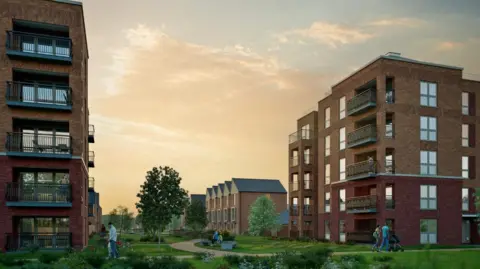 WH Smith A CGI image of a number of new tower blocks of flats, with green space in the middle and a number of people walking around. 