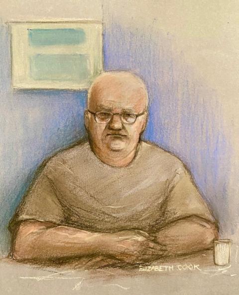An artist's impression of Steve Wright appearing at Ipswich Magistrates' Court via video link 