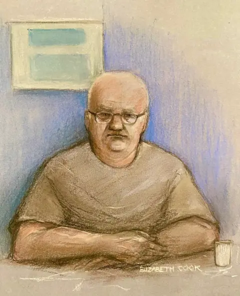 An artist's impression of Steve Wright appearing at Ipswich Magistrates' Court via video link 