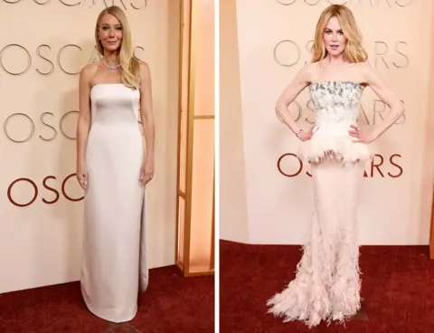Getty Images A split picture of Gwyneth Paltrow and Nicole Kidman in their oscar gowns. They are both wearing floor length, very pale pink dresses