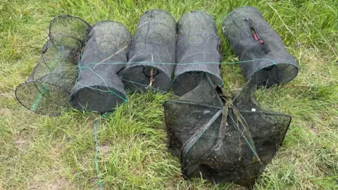 Six of the crayfish traps that have been removed from the canal are lined up side by side on a patch of grass.