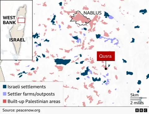 Map of the central West Bank showing the area around Nablus and the village of Qusra. An inset map locates the region within the West Bank. Israeli settlements are marked in dark blue, settler farms and outposts in light purple, and built-up Palestinian areas in pink. Qusra is highlighted southeast of Nablus and is surrounded by numerous settlements, outposts, and Palestinian communities. The map includes a scale of 5 km (2 miles). Source: Peace Now.