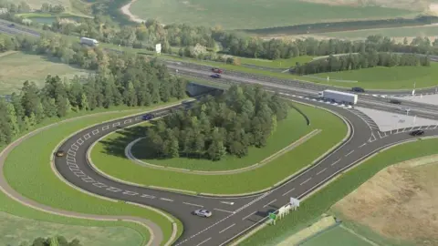 Transport Scotland A visualisation showing a large roundabout. Cars and a lorry are shown on the road.