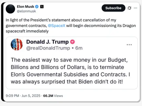 In a Truth Social post, Trump writes: "The easiest way to save money in our Budget, billions and billions of dollars, is to terminate Elon's governmental subsidies and contracts. I was always surprised that Biden didn't do it!"
Musk responds: "In light of the President's statement about cancellation of my government contracts, @SpaceX will begin decommissioning its Dragon spacecraft immediately".