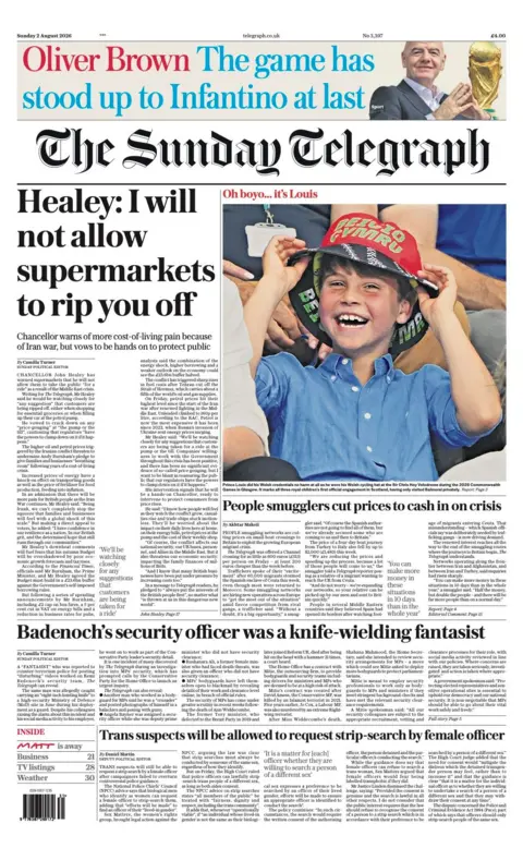 The headline on the front page of the Sunday Telegraph reads: "Healey: I will not allow supermarkets to rip you off."