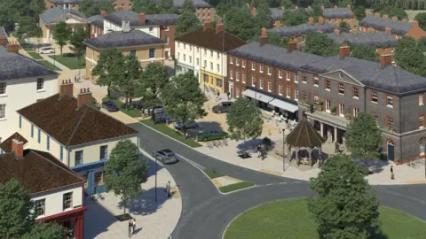 Buckland Group An artist's impression of the centre of the village from the air. The buildings are in a market town style. There is a row of shops with pleasant awnings out front, and many trees are dotted about the site.