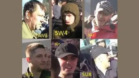 A composite image showing six head shots of men in crowds.