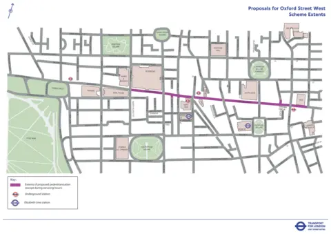 TfL A map of Oxford Street and the surrounding area with the part to be pedestrianised marked in purple