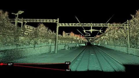 Southeastern An AI camera thermal shot of a platform being measured with red lines and angles